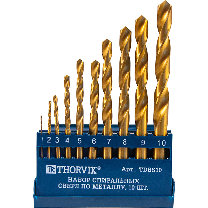 Набор спиральных сверл по металлу HSS TiN 1-10 мм (10 шт) Thorvik TDBS10