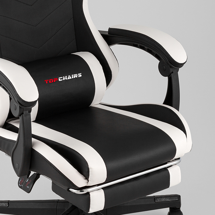 Кресло игровое TopChairs Prophet с оттоманкой чёрно-белый Stool Group GF-8086 black+white