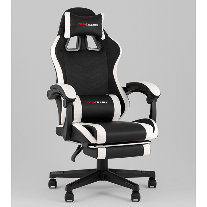 Кресло игровое TopChairs Prophet с оттоманкой чёрно-белый Stool Group GF-8086 black+white