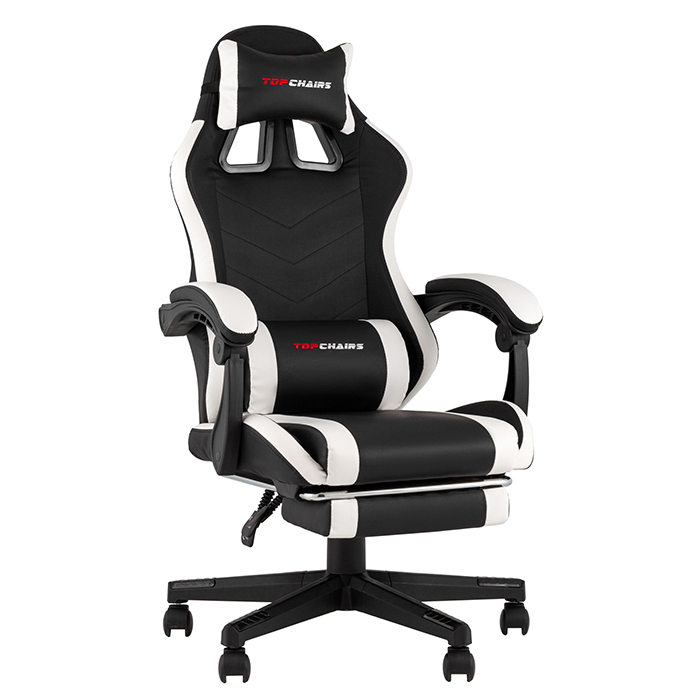 Кресло игровое TopChairs Prophet с оттоманкой чёрно-белый Stool Group GF-8086 black+white