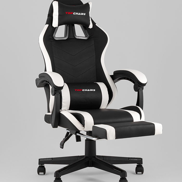 Кресло игровое TopChairs Prophet с оттоманкой чёрно-белый Stool Group GF-8086 black+white