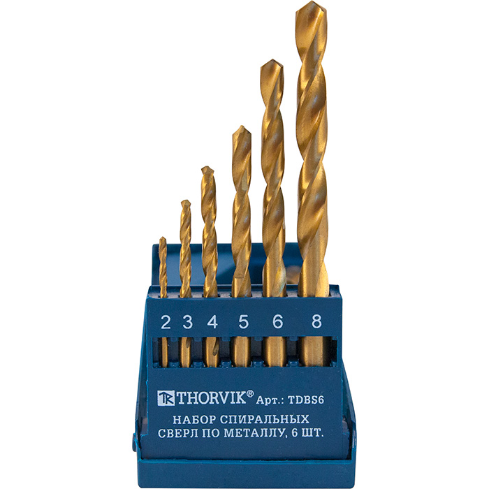 Набор спиральных сверл по металлу HSS TiN 2-8 мм (6 шт) Thorvik TDBS6